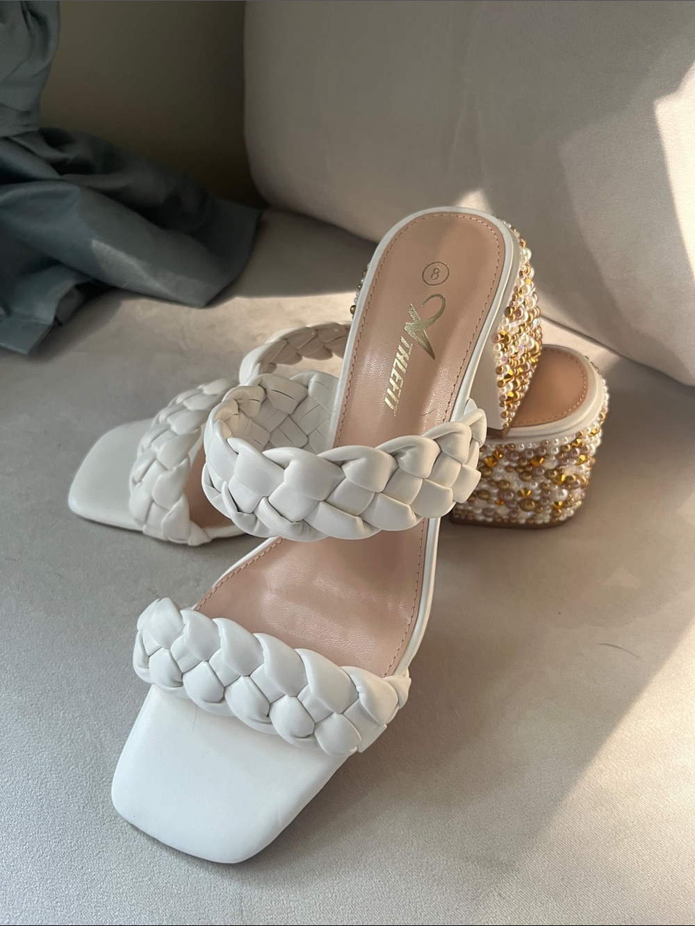 Braided White Beaded Block Heel Mules